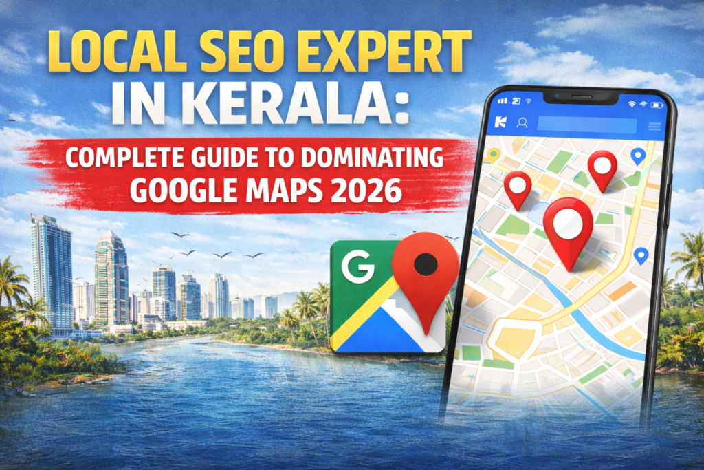 LOCAL SEO EXPERT IN KERALA: COMPLETE GUIDE TO DOMINATING GOOGLE MAPS 2026 promotional digital poster with Google Maps interface and Kerala business growth concept.