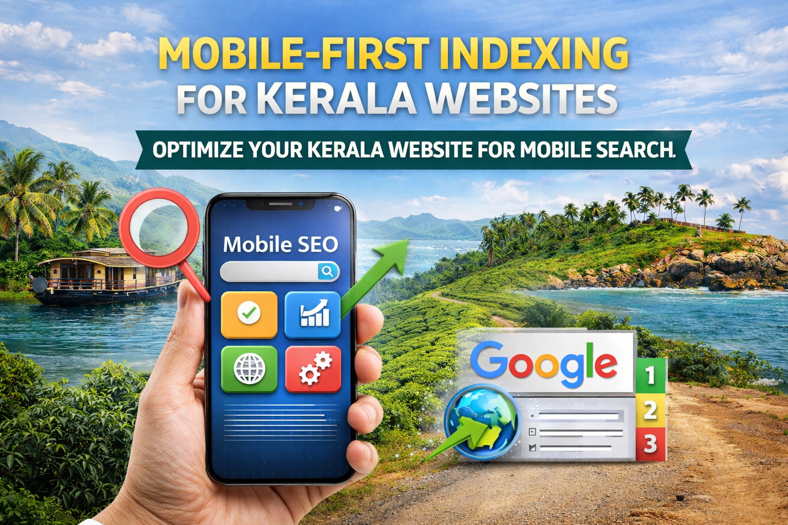 Mobile SEO for Kerala websites with smartphone and Google ranking graphics on a Kerala landscape.