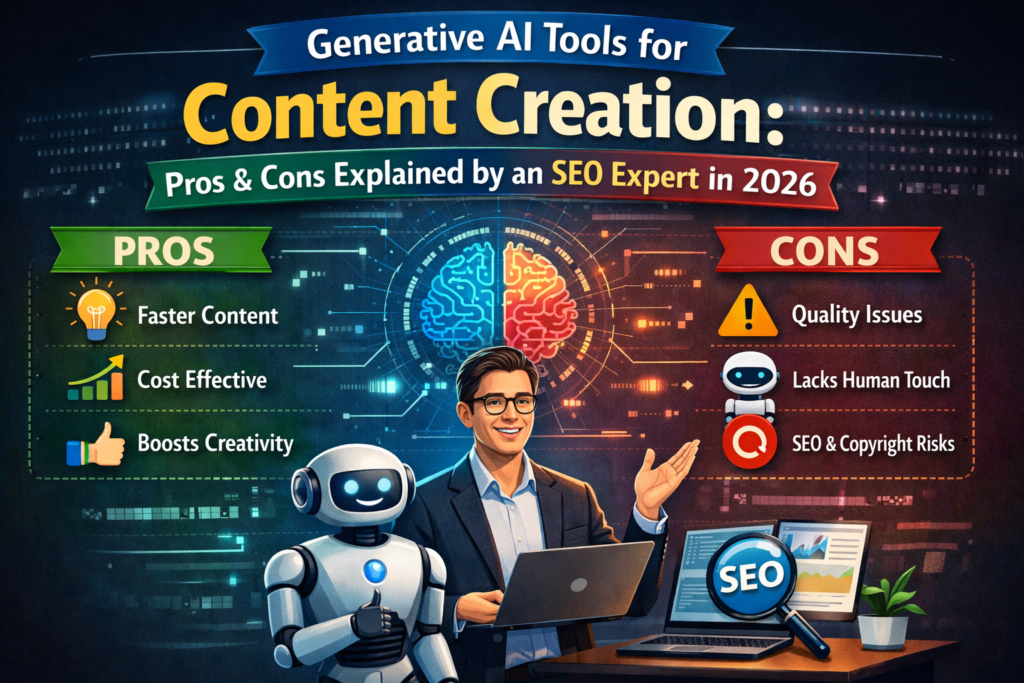 Generative AI Tools for Content Creation: Pros & Cons Explained by an SEO Expert in 2026 infographic showing benefits and challenges.