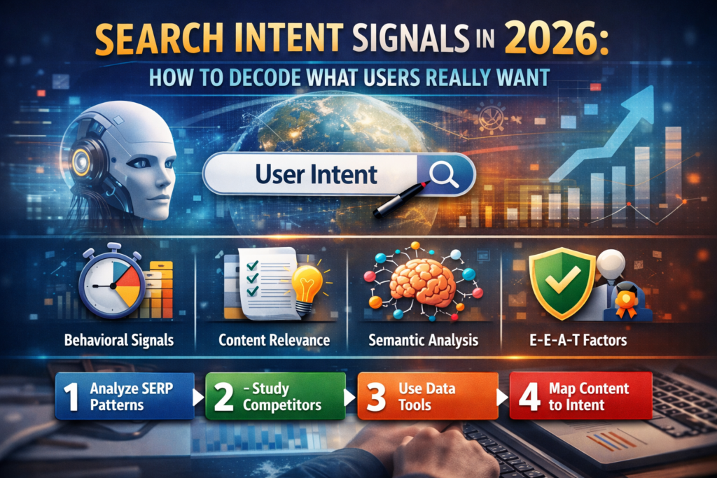 Infographic showing search intent signals in 2026 including behavioral signals, content relevance, semantic analysis, E-E-A-T factors, and steps to analyze SERP patterns.