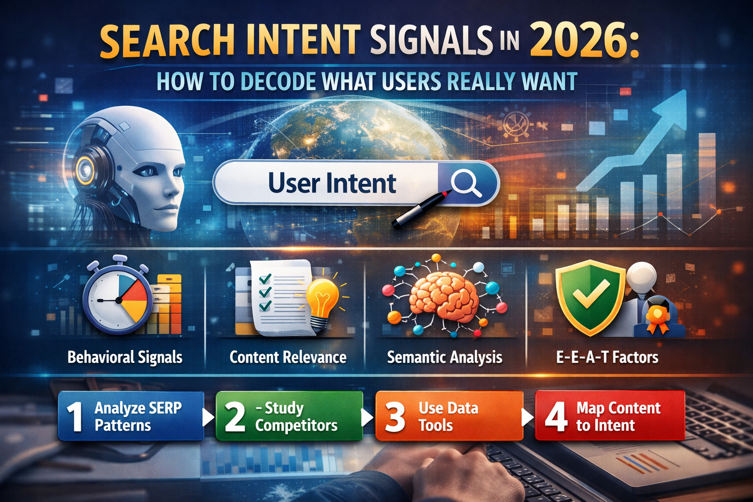 Infographic showing search intent signals in 2026 including behavioral signals, content relevance, semantic analysis, E-E-A-T factors, and steps to analyze SERP patterns.