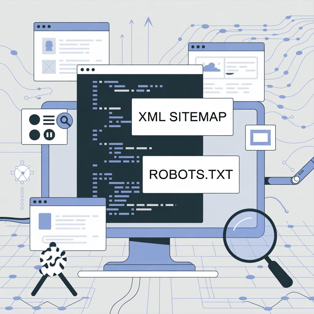 Technical illustration of XML sitemap and robots.txt on a computer screen amid web dev elements.