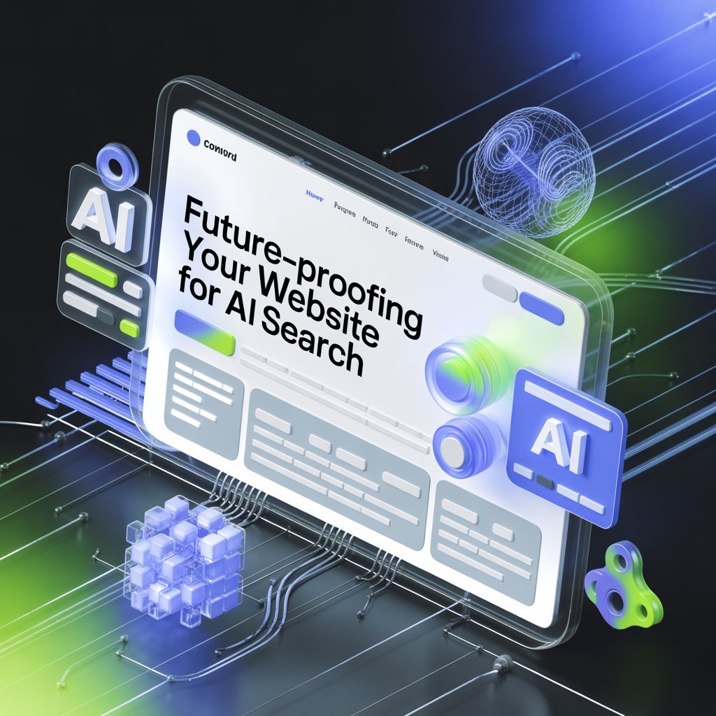 Future-proof website interface optimized for AI search, showing a modern digital dashboard with artificial intelligence elements and data connections.