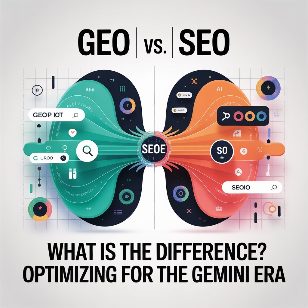Modern infographic comparing GEO and SEO strategies, showing AI-driven generative search on one side and traditional search engine optimization on the other, optimized for the Gemini era.