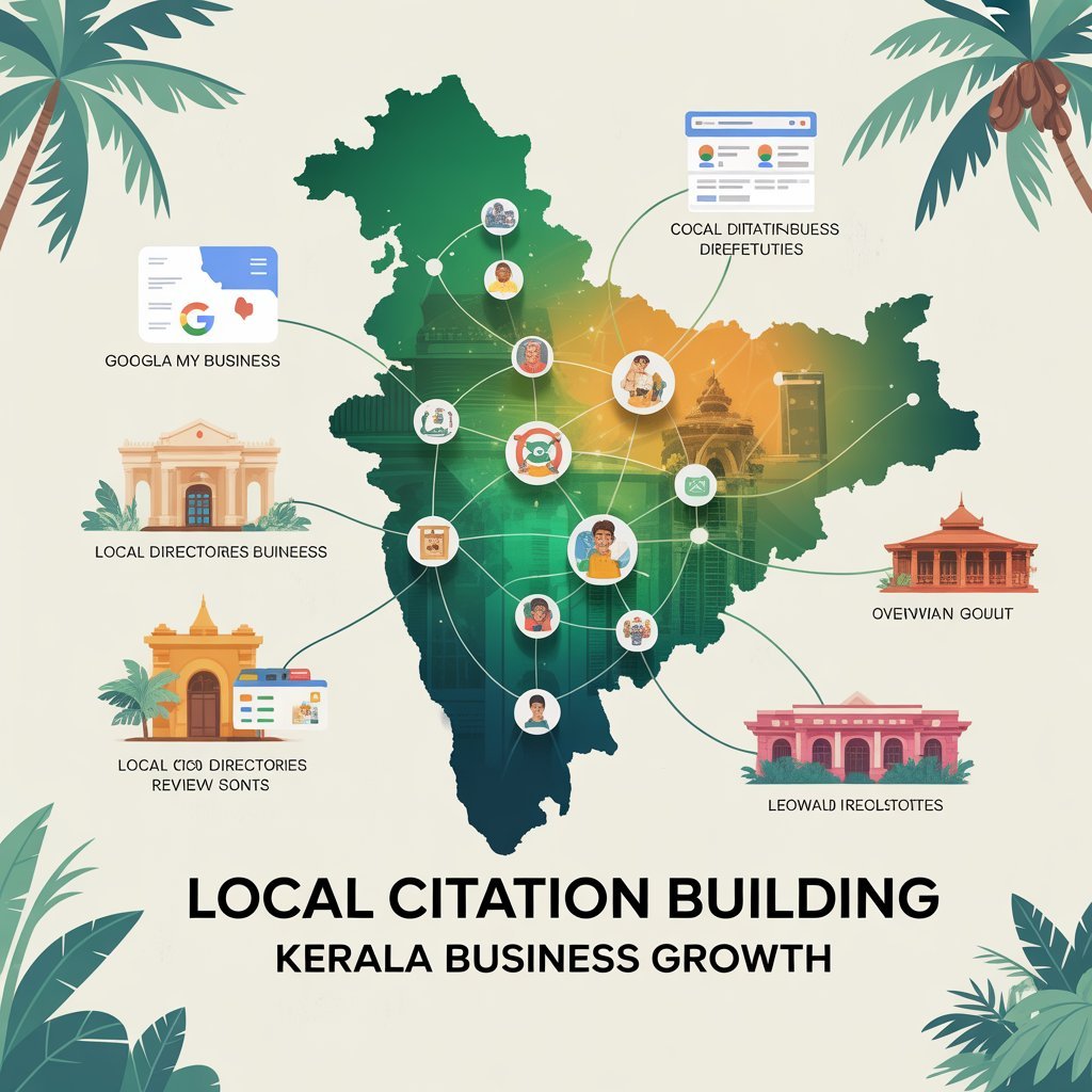 Local Citation Building for Kerala Businesses infographic showing Kerala map with business directories, Google listing, and local growth connections.
