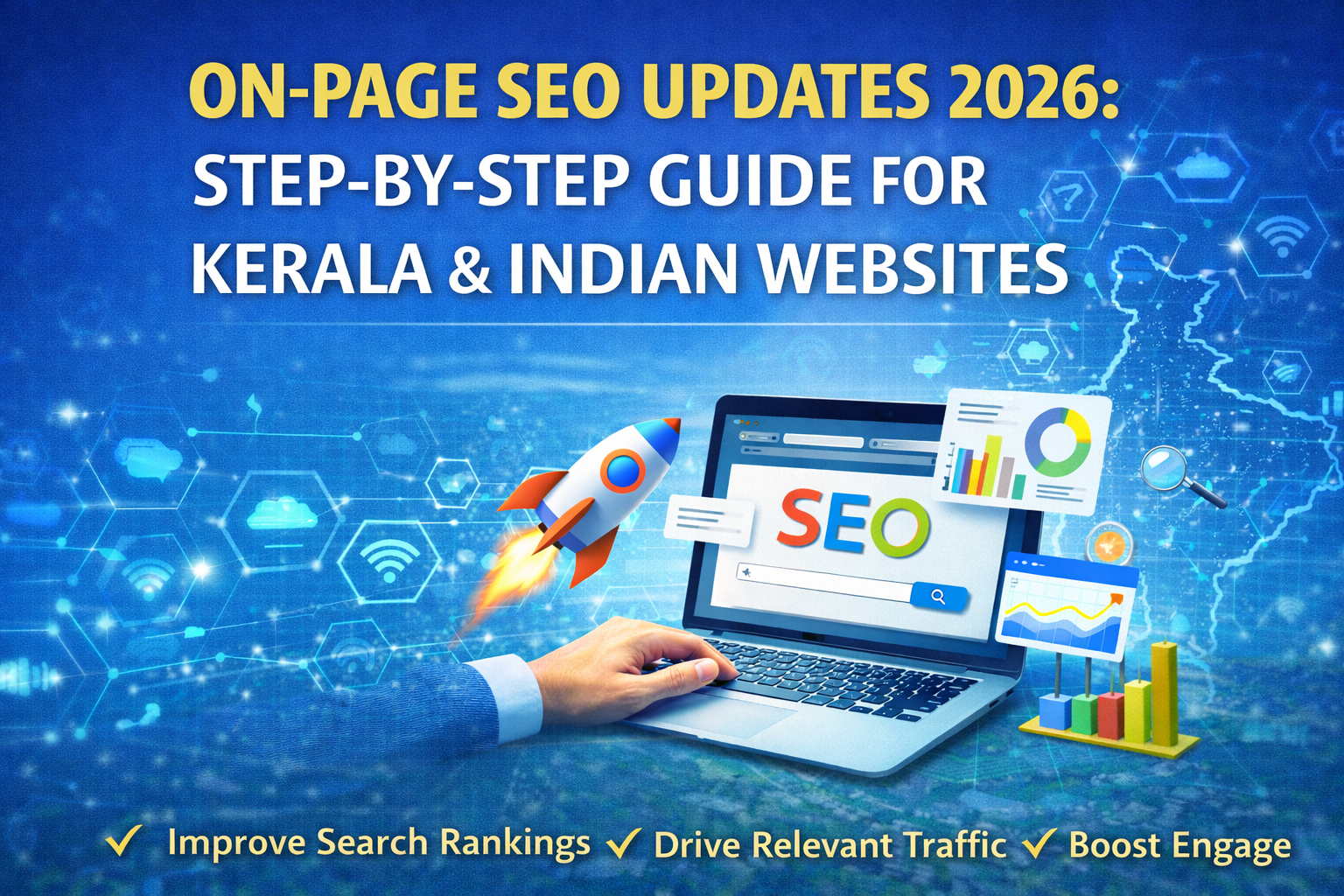 On-Page SEO Updates 2026 poster showing a laptop with SEO dashboard, rocket launch graphic, analytics charts, and text “Step-by-Step Guide for Kerala & Indian Websites” on a blue digital background.