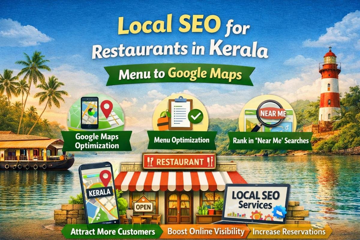 Local SEO for restaurants in Kerala showing Google Maps optimization, menu optimization, and near me ranking strategies.