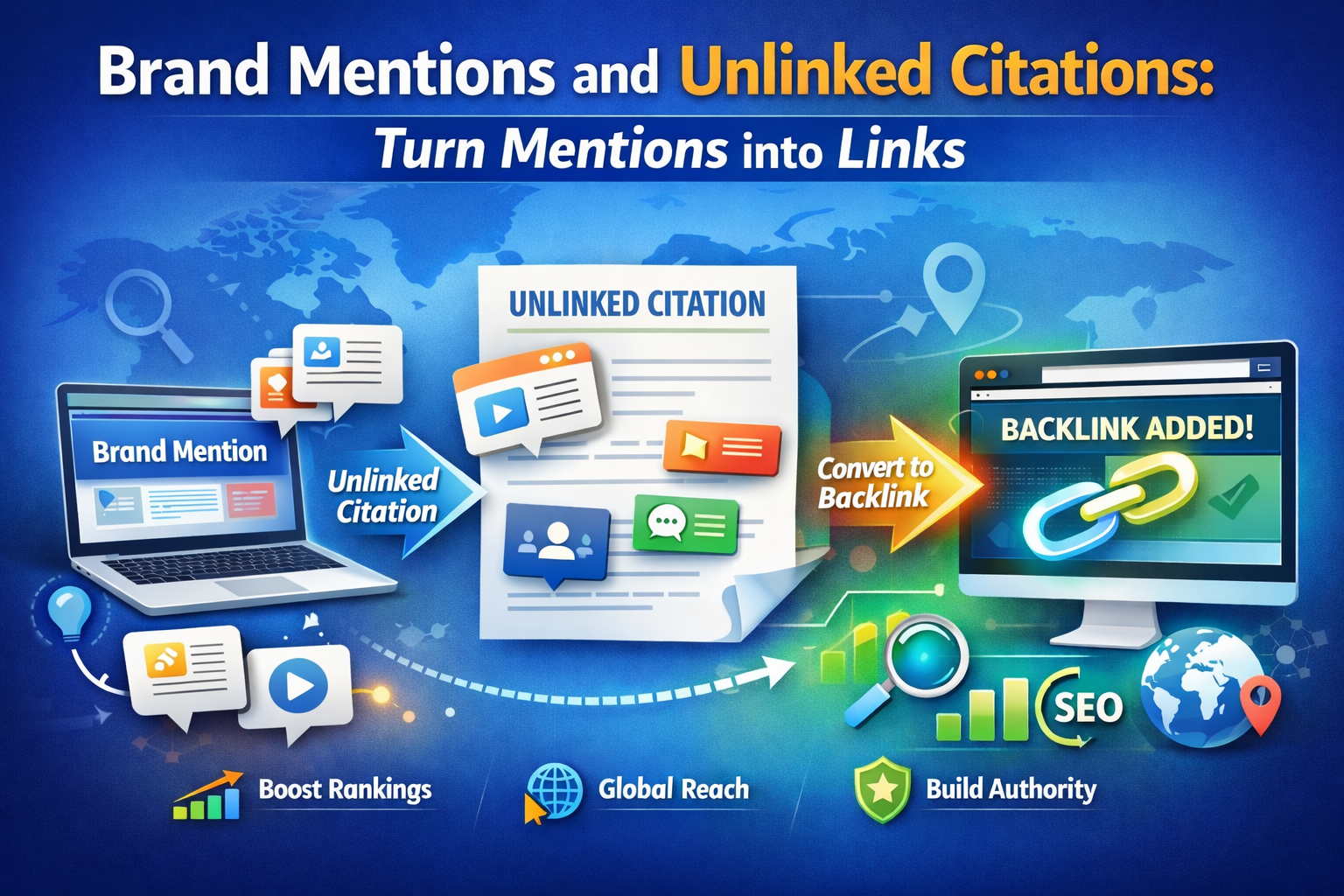 Brand Mentions and Unlinked Citations process showing how online brand mentions can be converted into backlinks to improve SEO rankings and website authority.