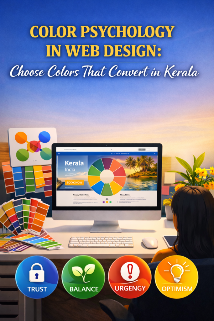 Color psychology in web design showing a website color palette and UI design elements used to choose colors that convert in Kerala