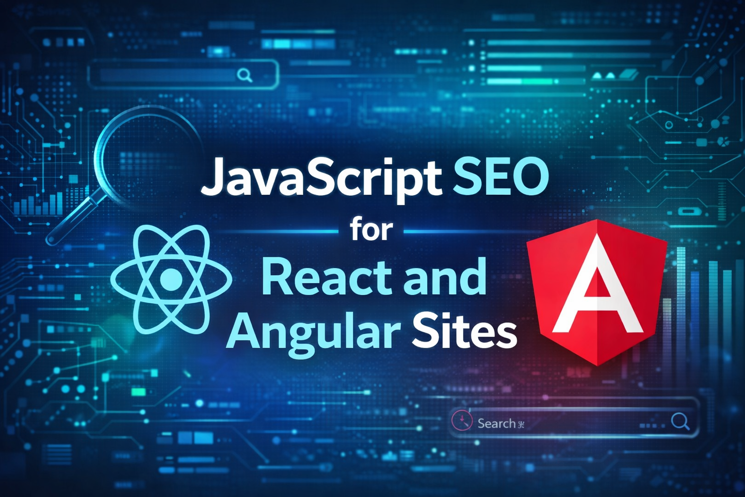 JavaScript SEO for React and Angular sites banner featuring React and Angular logos with digital search and analytics background.