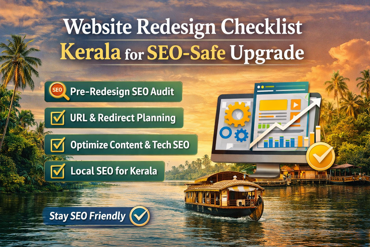 Website Redesign Checklist Kerala showing SEO safe upgrade steps with checklist and digital website elements