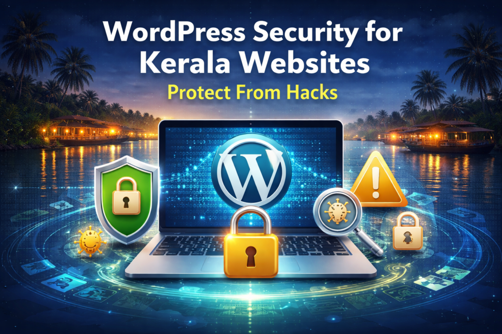 A cybersecurity expert securing a WordPress website for a Kerala business with digital shields and malware protection icons.