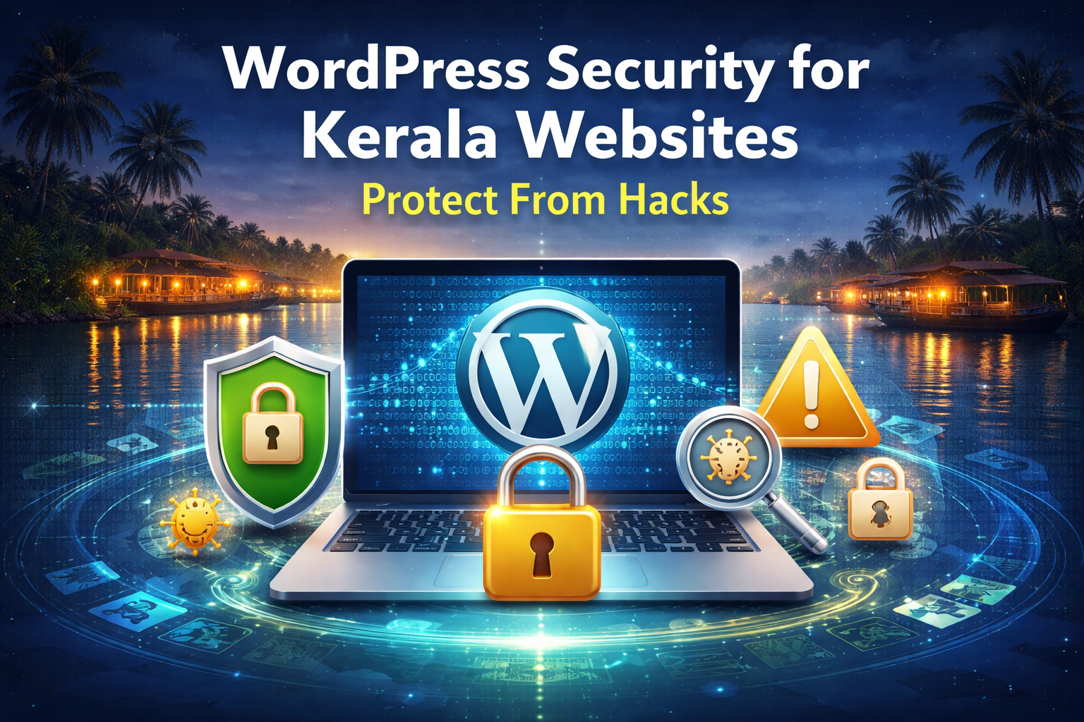 A cybersecurity expert securing a WordPress website for a Kerala business with digital shields and malware protection icons.