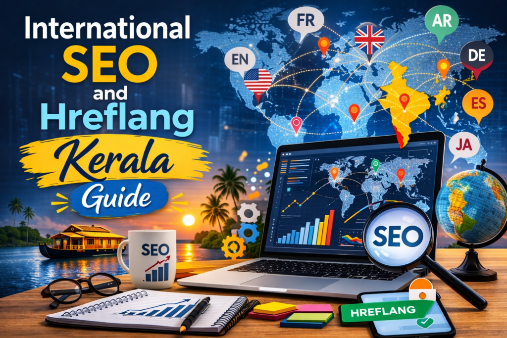 International SEO and hreflang Kerala guide with global map, language tags, laptop analytics, and Kerala backwaters.