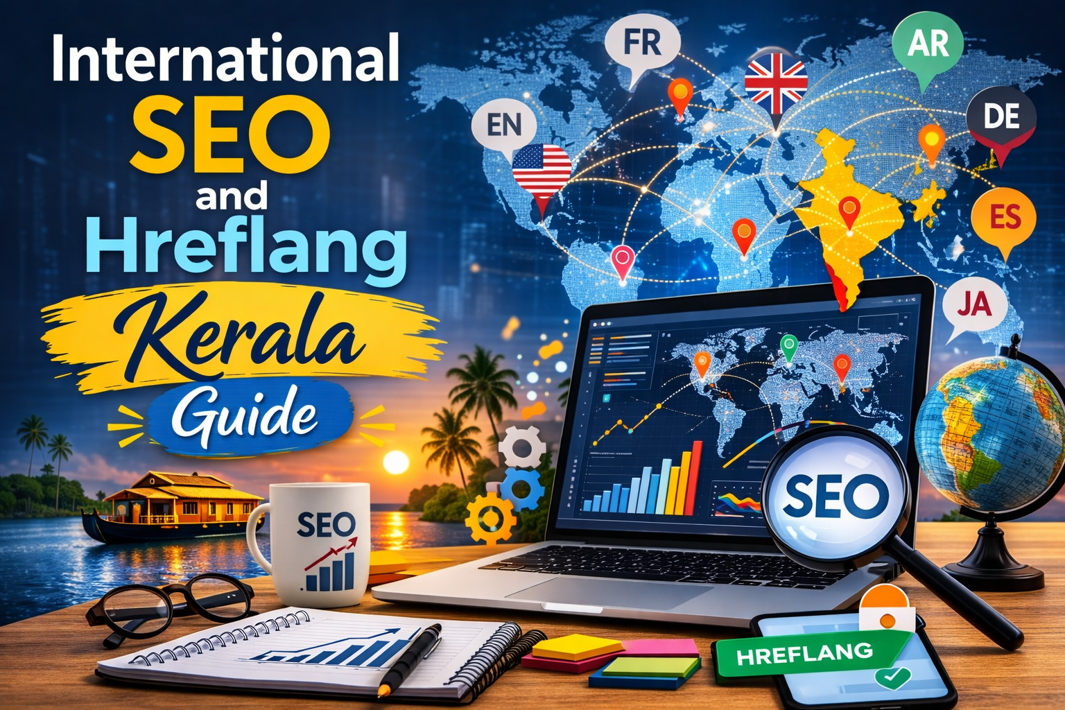 International SEO and hreflang Kerala guide with global map, language tags, laptop analytics, and Kerala backwaters.