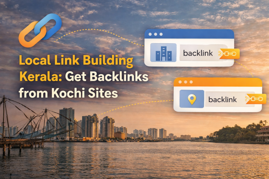Local Link Building Kerala: Get Backlinks from Kochi Sites illustrated with Kochi skyline and digital backlink icons.