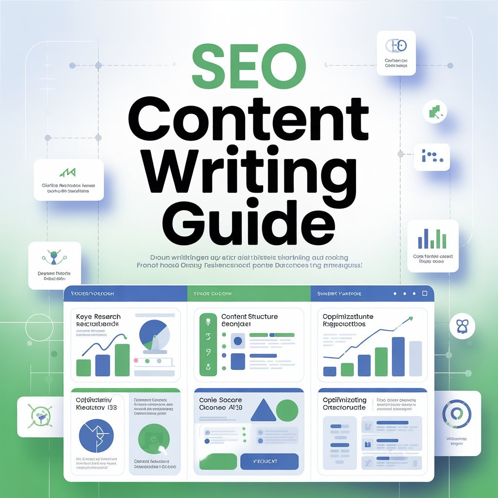 SEO Content Writing Guide infographic showing keyword research, content structure, and optimization strategy