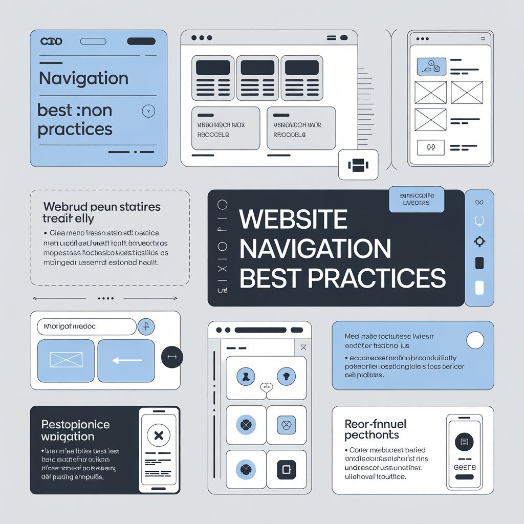 Website navigation best practices illustration showing UI layouts, mobile-friendly menus, and user interface design concepts