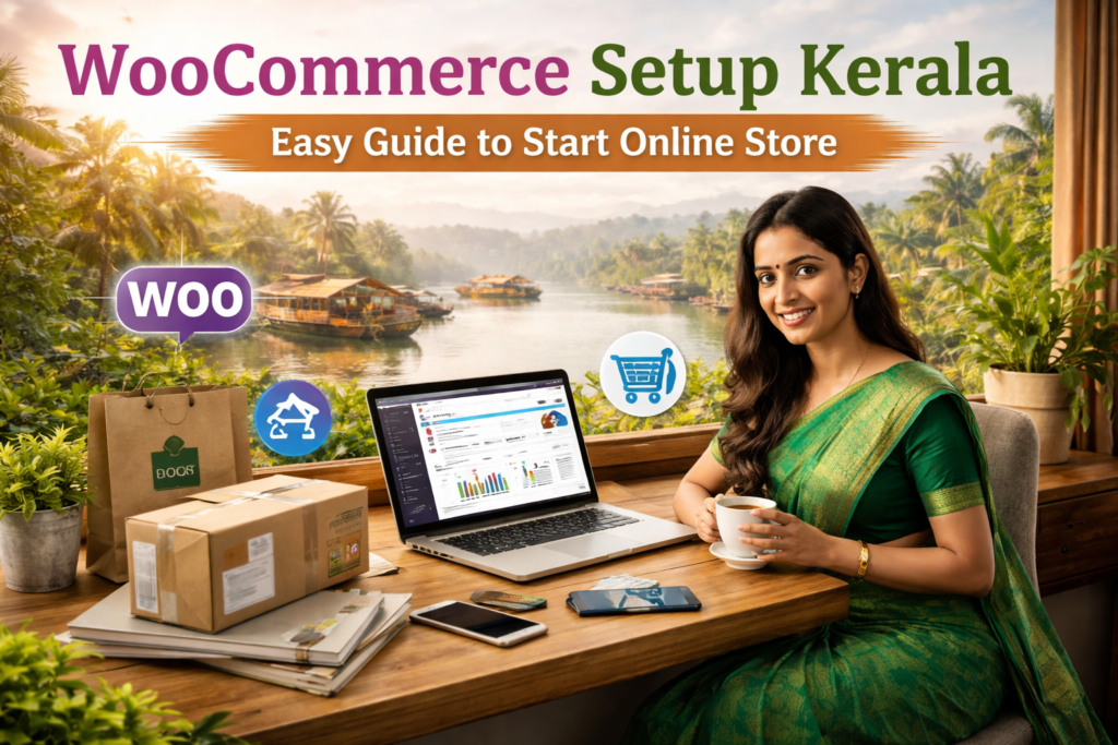 WooCommerce setup in Kerala showing an easy guide to start an online store with eCommerce tools and dashboard
