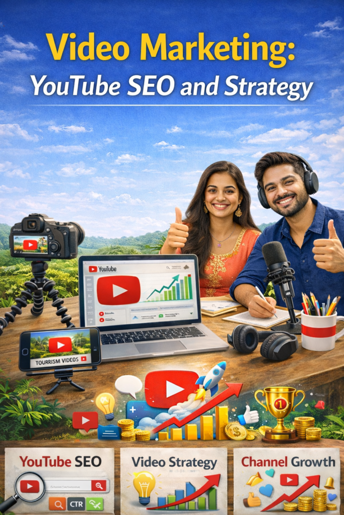 Video marketing YouTube SEO and strategy concept with content creators using camera and analytics dashboard