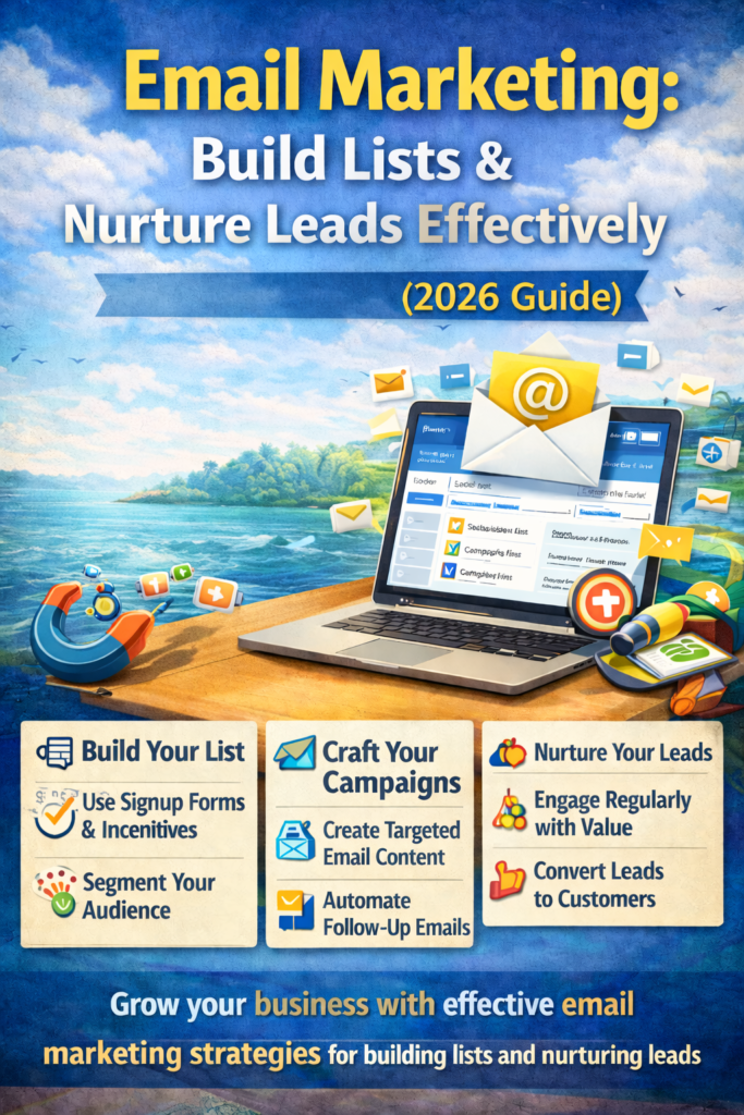 Digital marketer in Kerala creating email campaigns on laptop with subscriber list, analytics dashboard, and automation tools