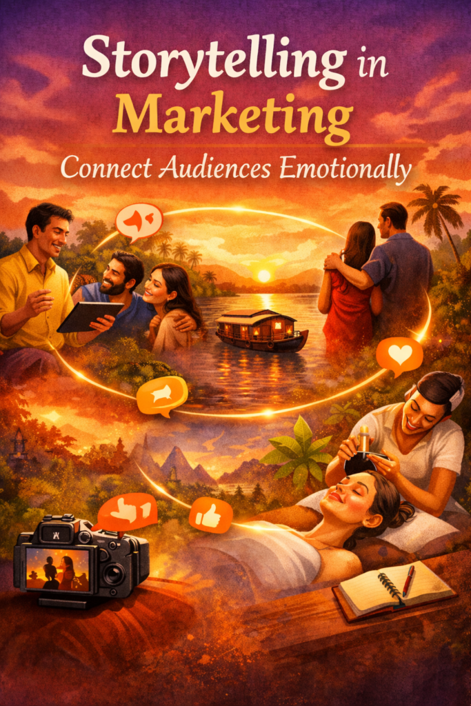 Storytelling in Marketing Kerala concept image showing emotional brand connection with Kerala audience through culture and digital marketing visuals.