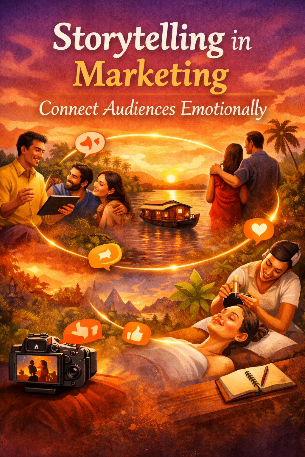 Storytelling in Marketing Kerala concept image showing emotional brand connection with Kerala audience through culture and digital marketing visuals.