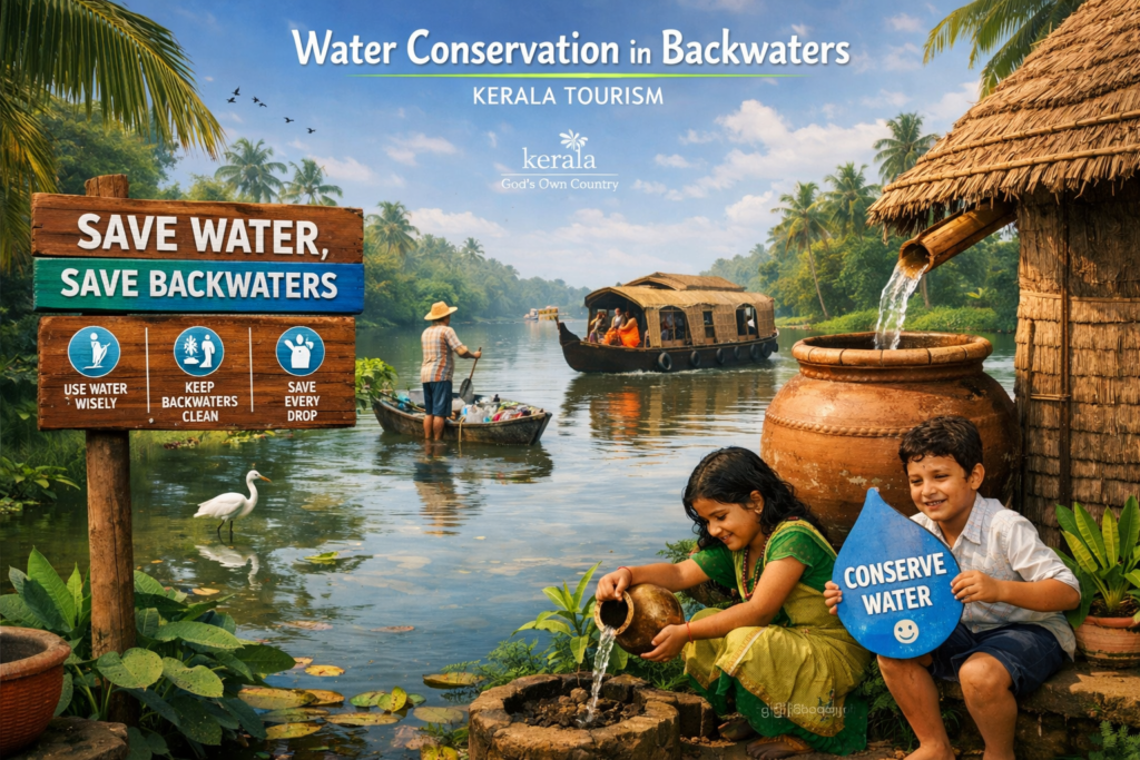 Water conservation practices in Kerala backwaters with houseboats and lush green surroundings