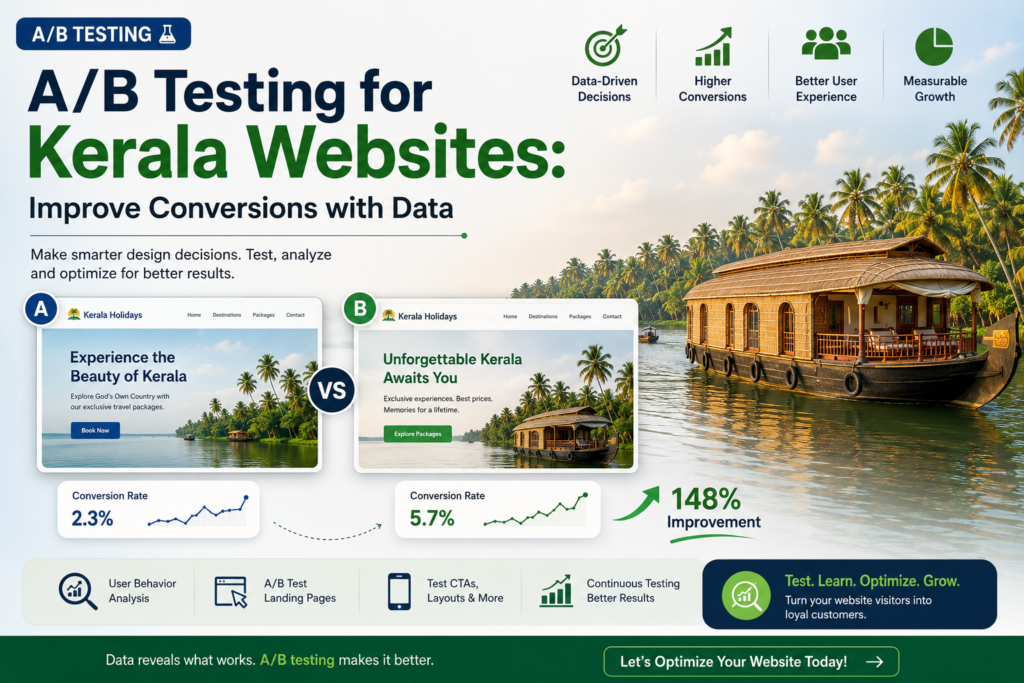Modern digital marketing workspace displaying A/B testing analytics, website conversion graphs, user behavior data, and Kerala-focused web optimization strategies on multiple screens.