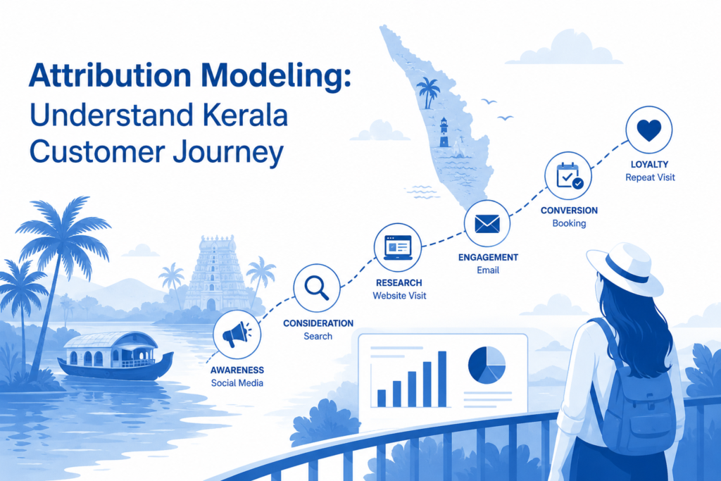Blue and white digital illustration showing the Kerala customer journey through attribution modeling. The design features Kerala landscapes, a houseboat, temples, a traveler, analytics charts, and a step-by-step marketing funnel from awareness to loyalty.