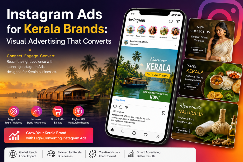 Creative Instagram advertising campaign for Kerala brands featuring social media visuals, mobile marketing elements, reels content, and digital branding strategies.