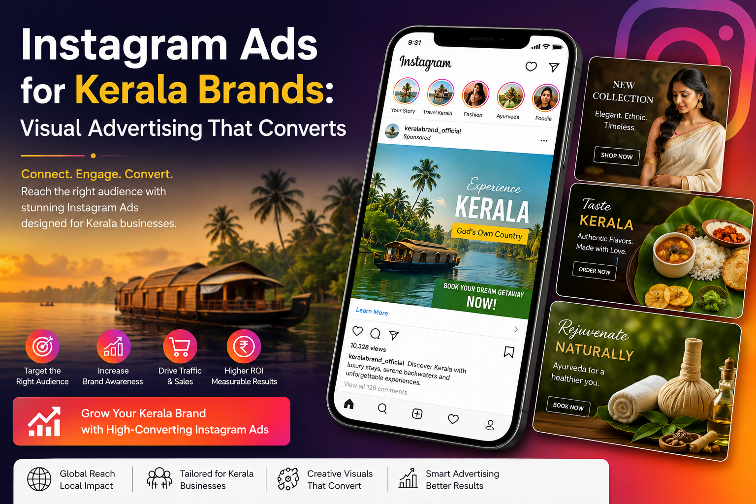 Creative Instagram advertising campaign for Kerala brands featuring social media visuals, mobile marketing elements, reels content, and digital branding strategies.
