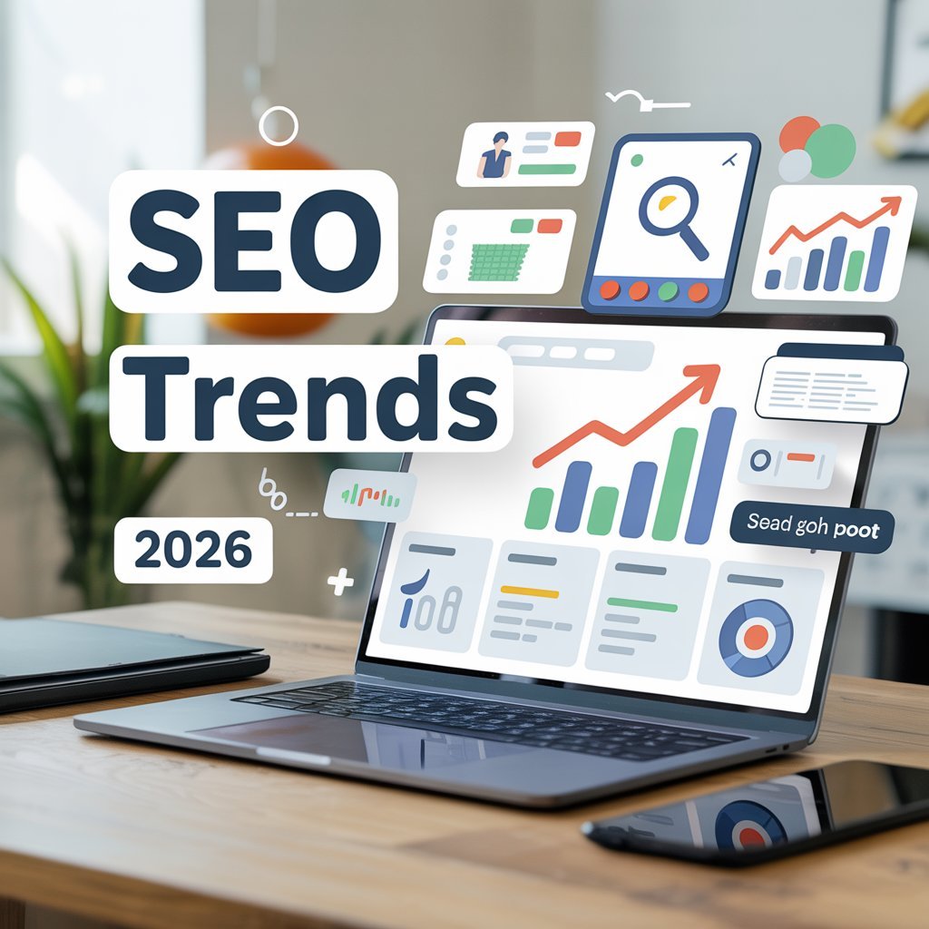 Modern digital marketing illustration showing SEO Trends Kerala Businesses Should Follow in 2026 with AI search optimization, analytics dashboard, local SEO concepts, and Kerala business growth visuals.