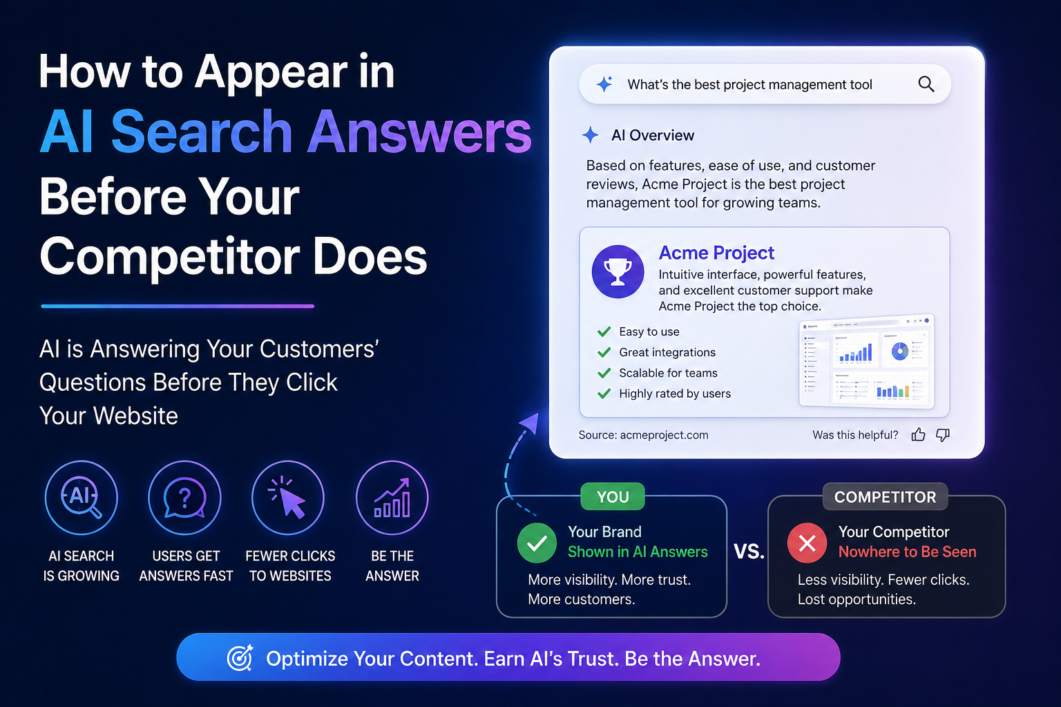 Digital marketing illustration showing AI search results answering customer questions, with one brand appearing in AI-generated answers while a competitor remains unseen.