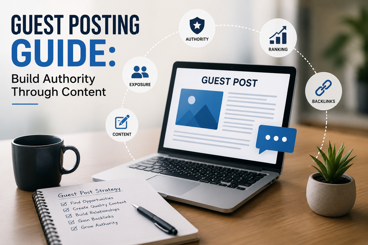 Guest Posting Guide: Build Authority Through Content with a laptop displaying a guest post article, SEO icons, backlinks, authority, and ranking concepts.